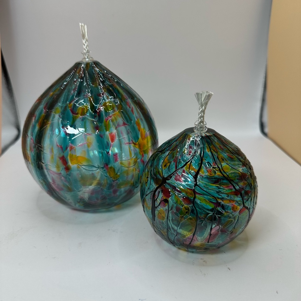 Pair of Fire Island Teal, Pink, Orange, Multi-Color Art Glass Oil Lamps Signed